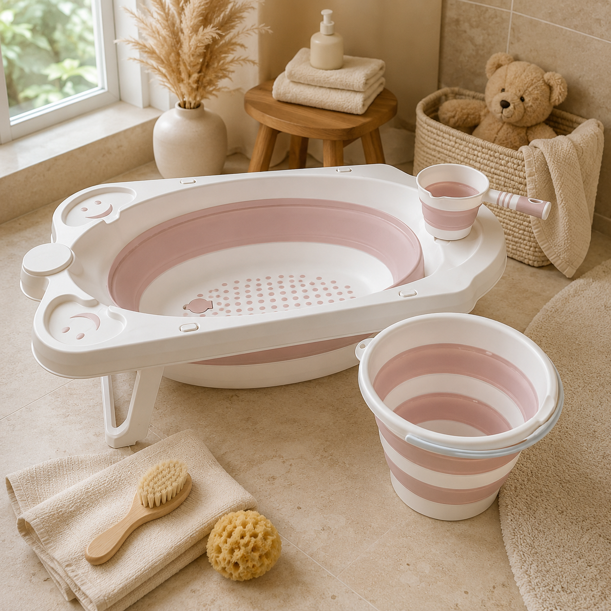 Ensemble de Bain Pliable pour Bébé – Baignoire, Seau & Louche