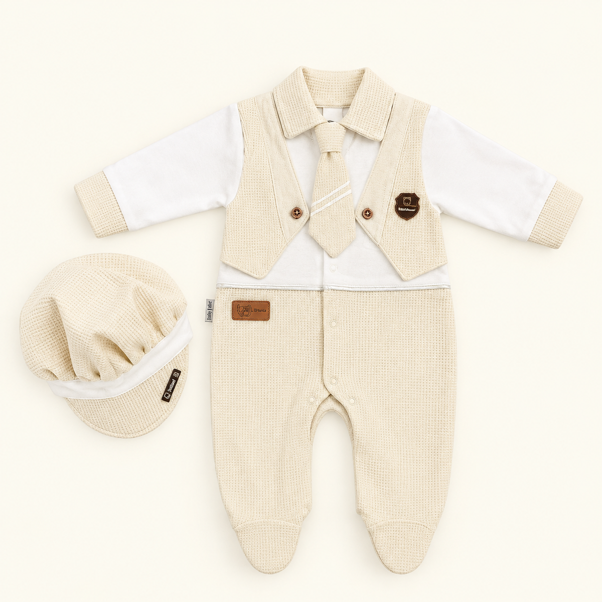 Grenouillère Bébé 3 Pièces avec Casquette & Cravate