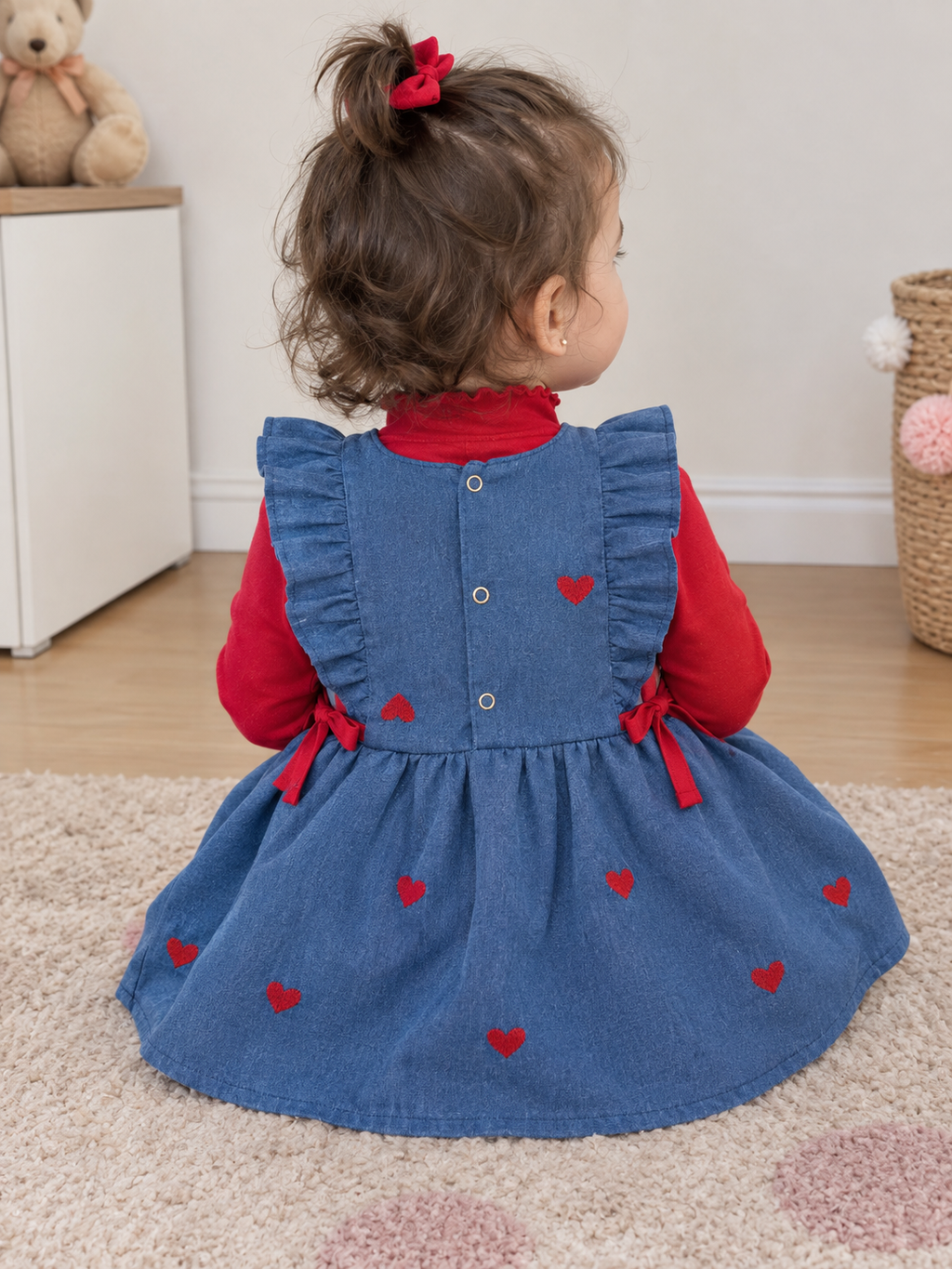 طقم أميرتك ❤️ روبة دجينز بقلوب مع تريكو أحمر
