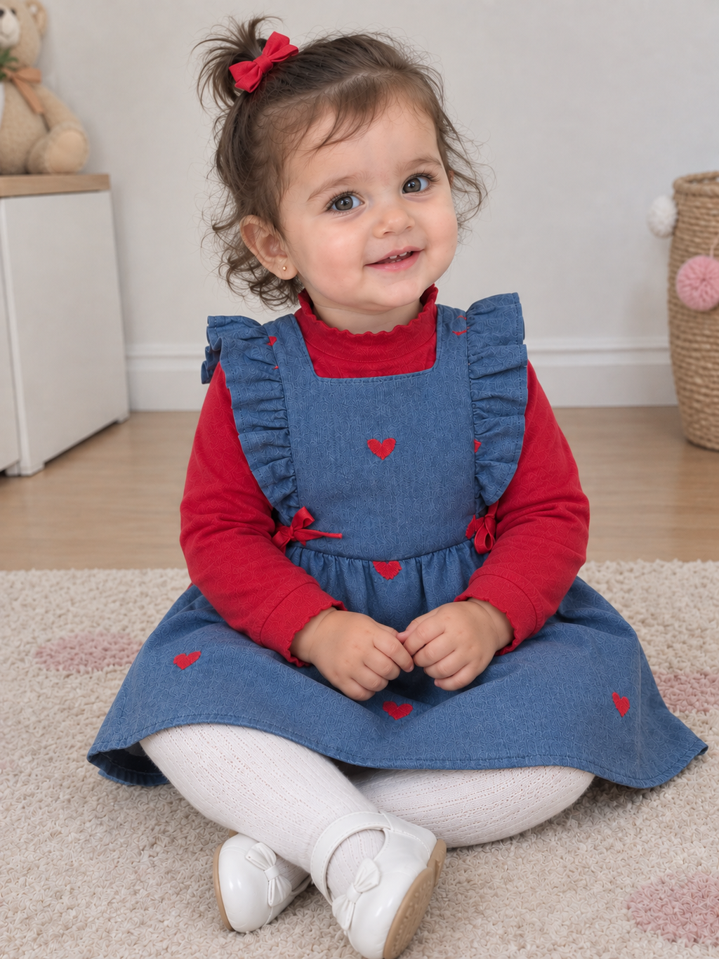 طقم أميرتك ❤️ روبة دجينز بقلوب مع تريكو أحمر