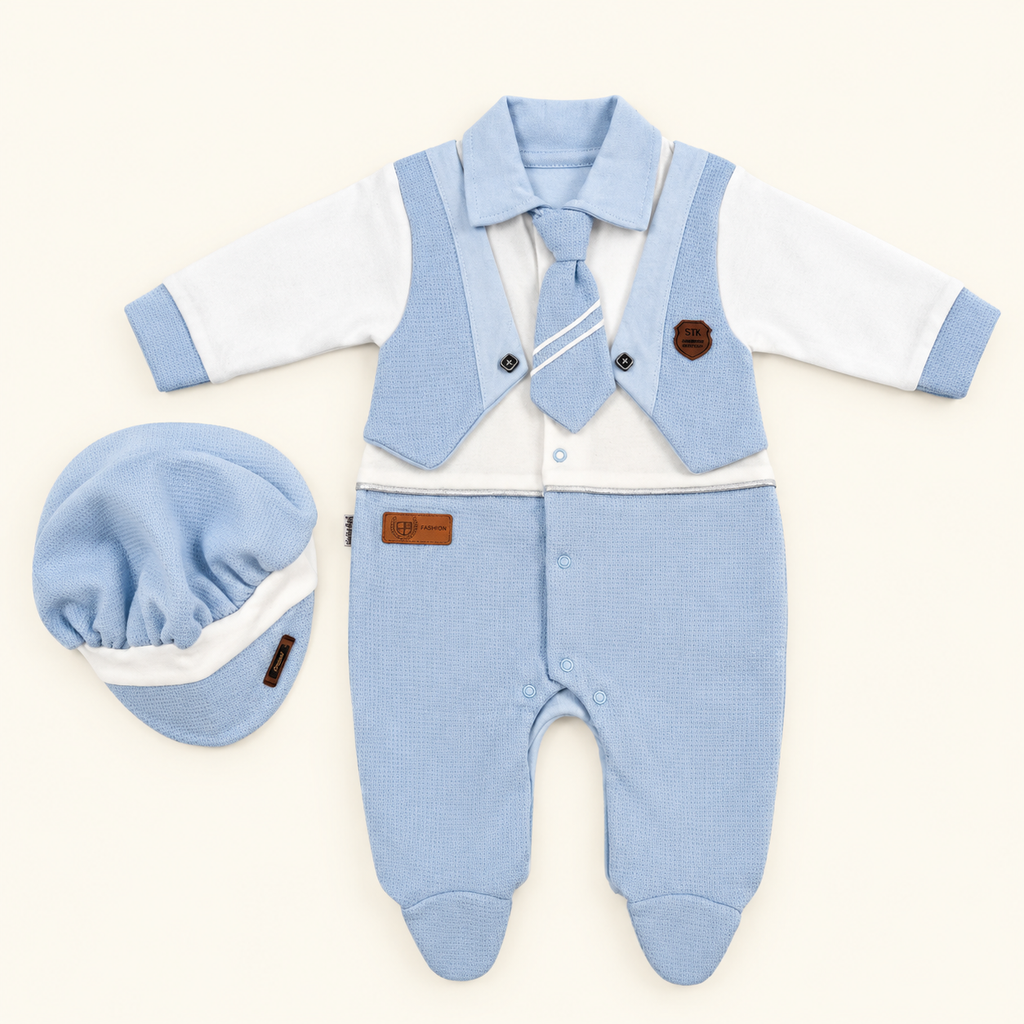 Grenouillère Bébé 3 Pièces avec Casquette & Cravate