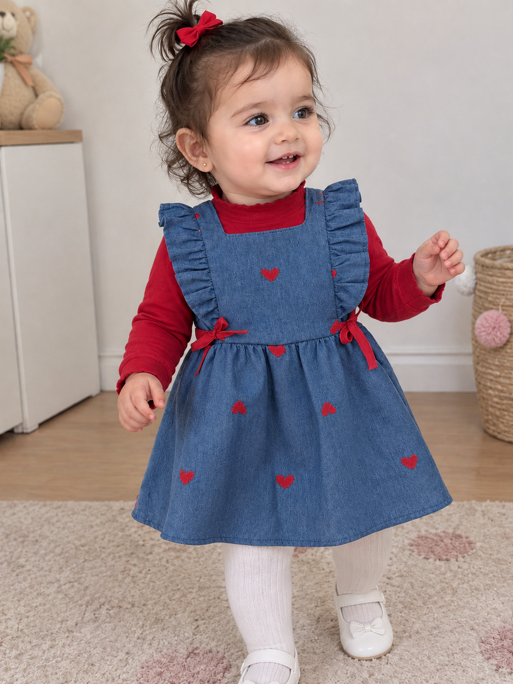 طقم أميرتك ❤️ روبة دجينز بقلوب مع تريكو أحمر
