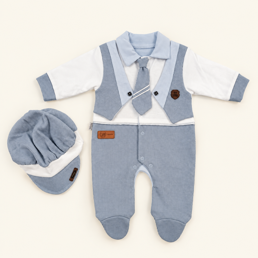 Grenouillère Bébé 3 Pièces avec Casquette & Cravate