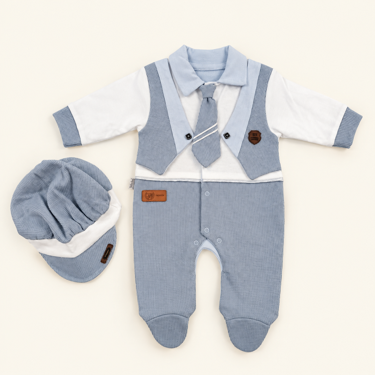 Grenouillère Bébé 3 Pièces avec Casquette & Cravate