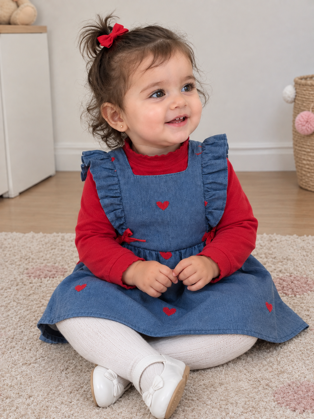 طقم أميرتك ❤️ روبة دجينز بقلوب مع تريكو أحمر